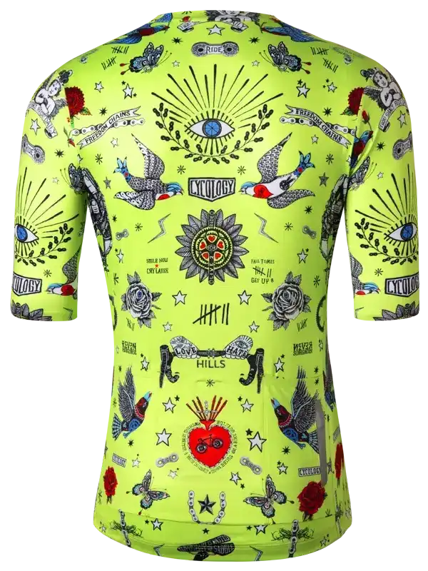 Men's neon green cycling jersey with tattoo-style graphics, birds, roses, and eye motifs for road biking