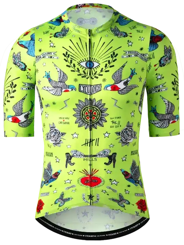 Bright green men's cycling jersey with tattoo-style birds, roses, and eye design, full zip front