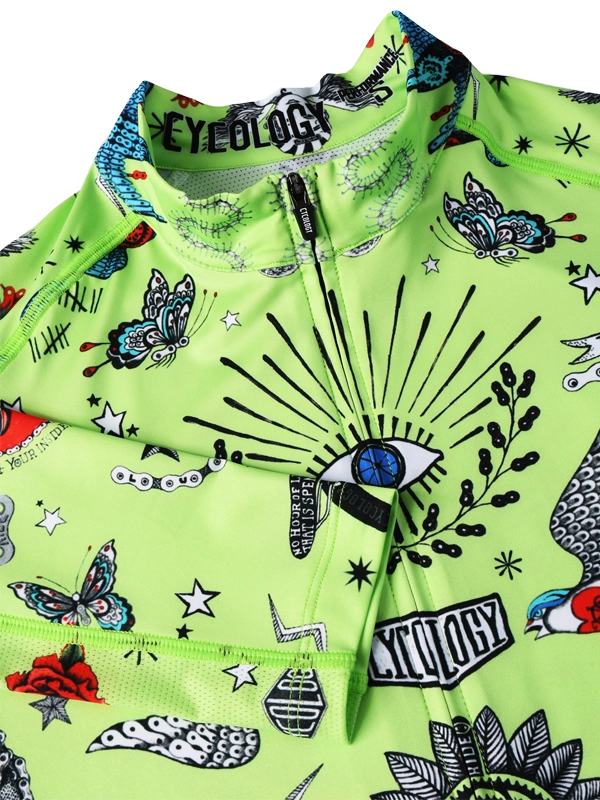 close up of Colorful  lime men's long sleeve cycling jersey with intricate designs