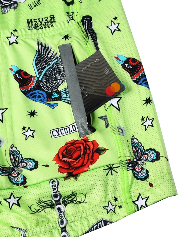 back pockets on Colorful  lime men's long sleeve cycling jersey with intricate designs