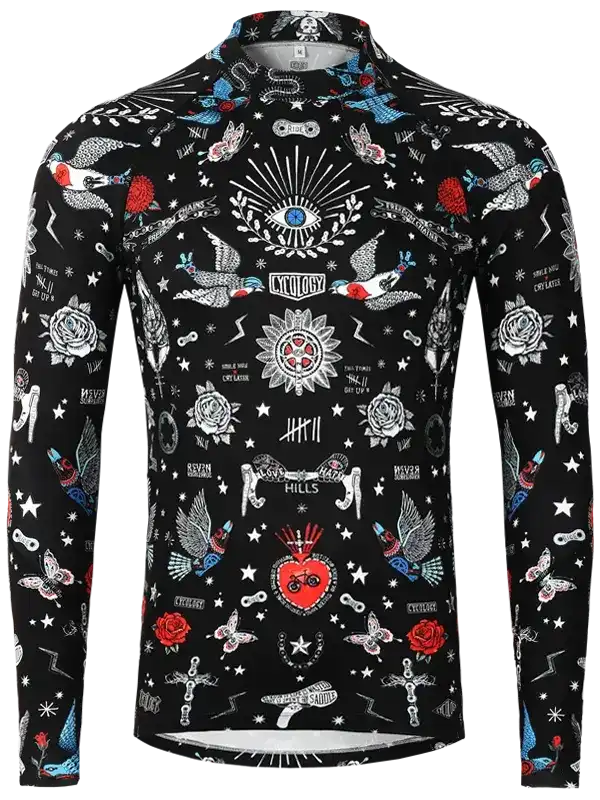 Men's long sleeve cycling jersey with tattoo-style graphics, roses, and birds on black background