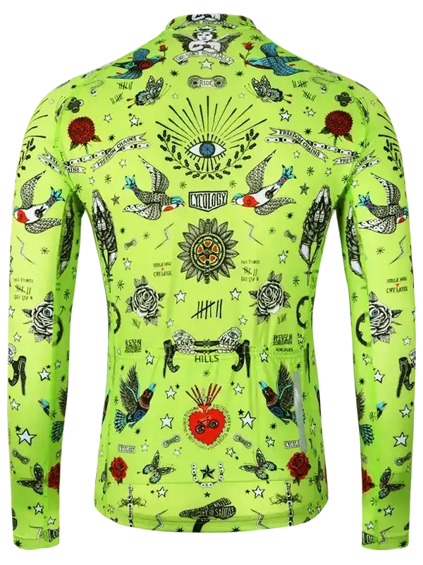 Vibrant neon green men's cycling jersey with tattoo-style birds, roses, and eye graphics, long sleeve design