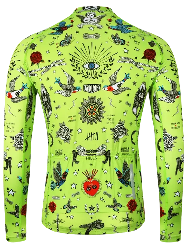 Colorful  lime men's long sleeve cycling jersey with intricate designs