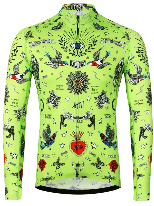 Neon green long sleeve cycling jersey with tattoo-style birds, roses, stars, and eye graphics for men and women