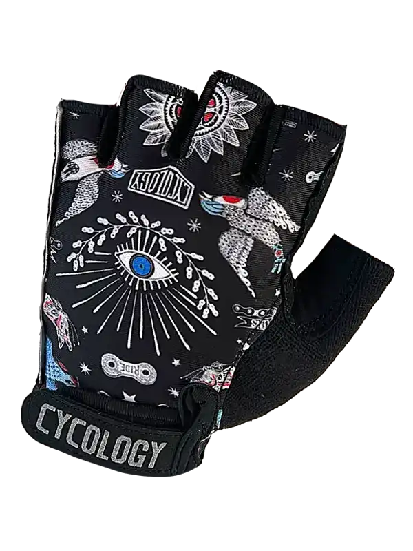 Black fingerless cycling glove with eye and tattoo-style graphics, branded CYCOLOGY