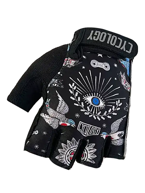 Black fingerless cycling glove with eye and bird print, ideal for men's and women's bike rides