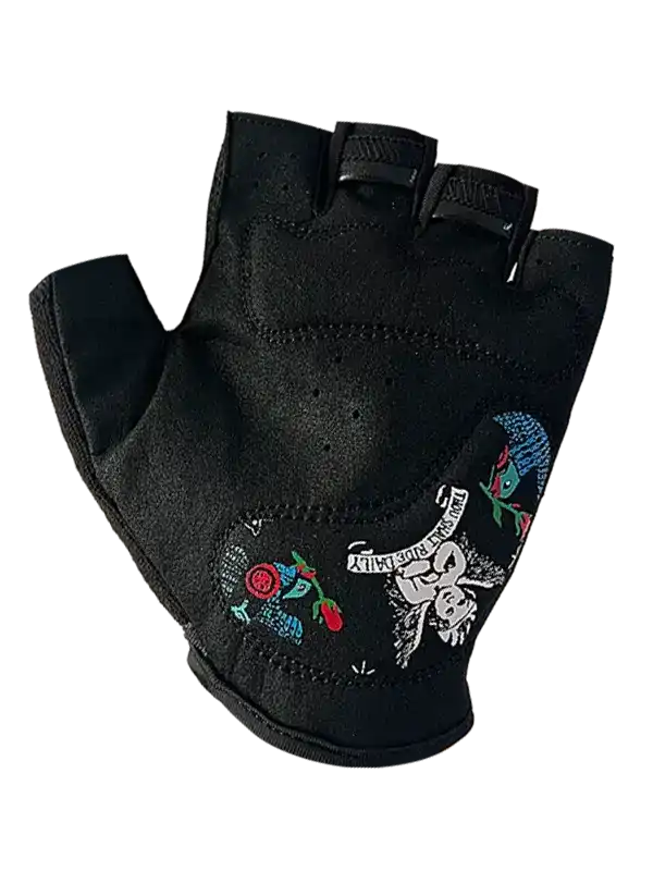 Black fingerless cycling glove with colorful skull and rose embroidery, breathable fabric design