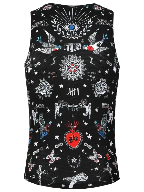 Black sleeveless cycling vest with tattoo-style graphics, stars, roses, and cycling motifs for men and women