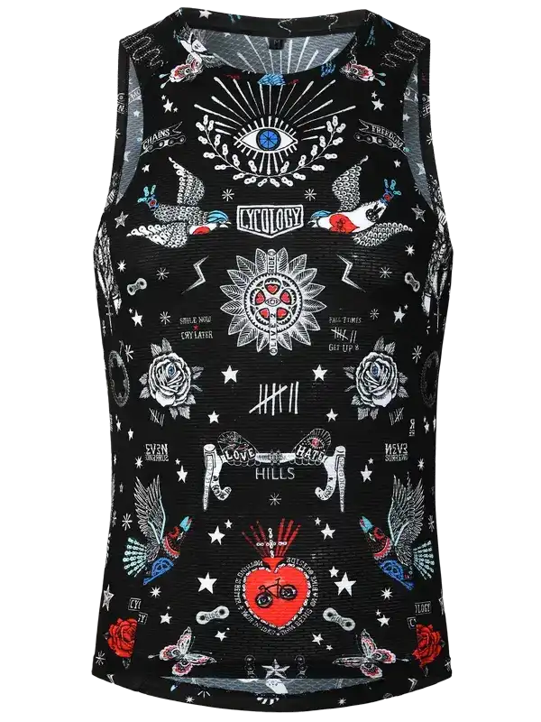 Black sleeveless cycling vest with tattoo-style graphics, roses, stars, and eye design for men or women