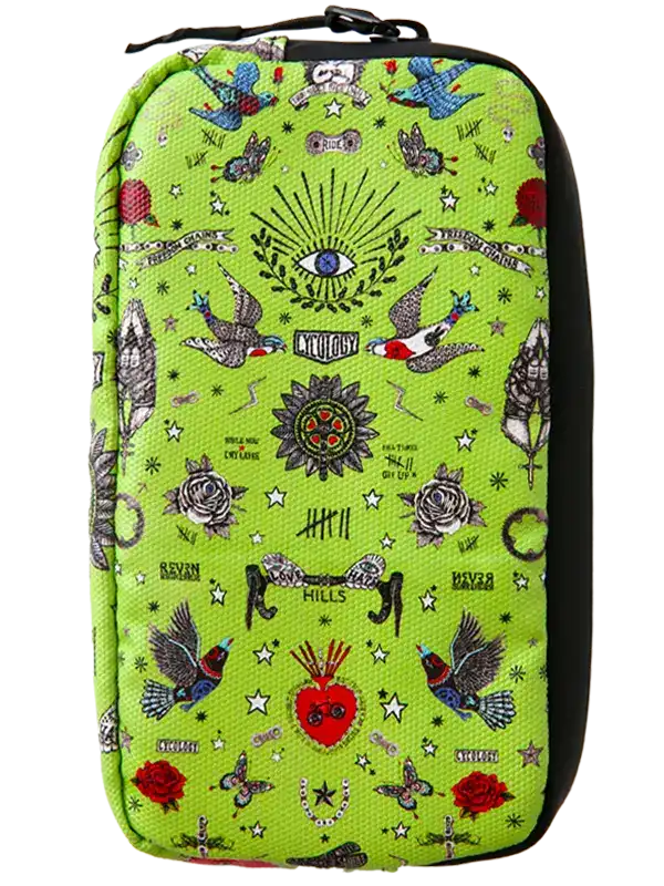 Green Cycology tattoo-style patterned cycling wallet with bird and eye motifs
