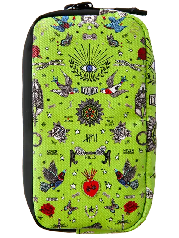 Green Cycology tattoo-style patterned cycling wallet with bird and eye motifs