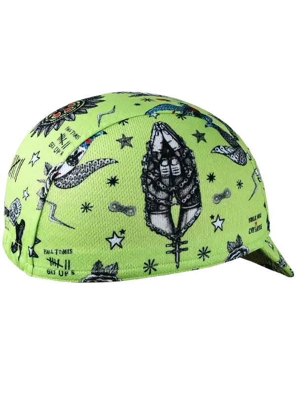 Lime green cycling cap with edgy tattoo-style graphics, stars, and chain motifs for men and women riders