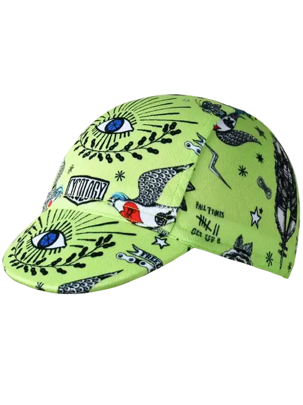 Neon green cycling cap with tattoo-style eyes, birds, and stars design for men and women