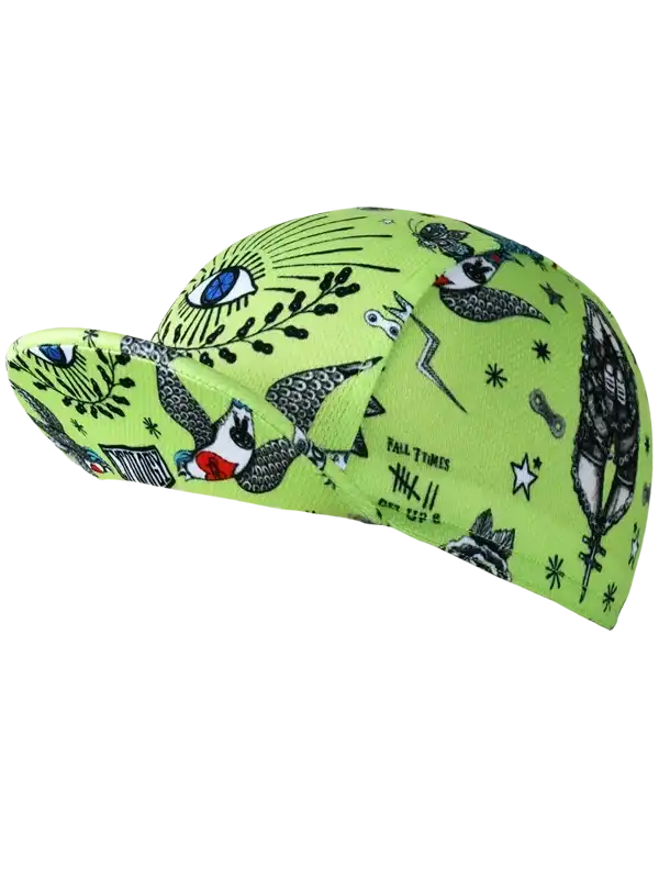 Lime green cycling cap with bird, eye, and star print design for men and women