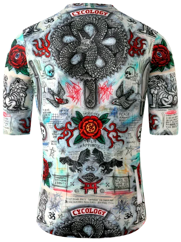 Tattoo-themed cycling jersey with intricate designs and 'Cycology' branding.
