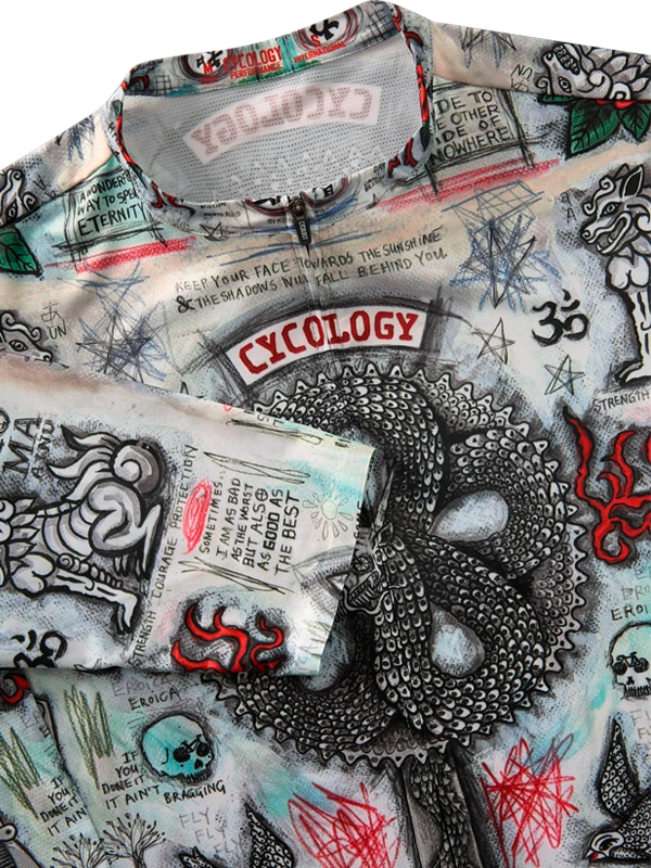 Cycling jersey with intricate designs and symbols on a white background