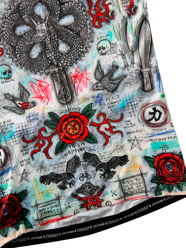 Colorful tattoo-style design with various elements on a white background