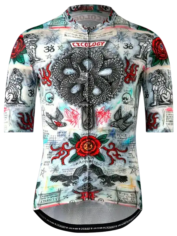 Men's cycling jersey with bold tattoo-style graphics, red roses, and edgy designs for road biking
