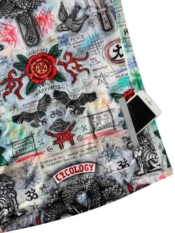 Cycology cycling jersey with bold tattoo-style graphics, red rose, birds, and motivational quotes on lightweight fabric
