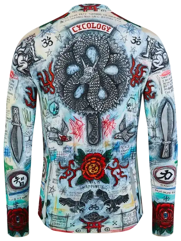 Men's cycling jersey with bold tattoo-inspired graphics, roses, and unique designs for bike enthusiasts.