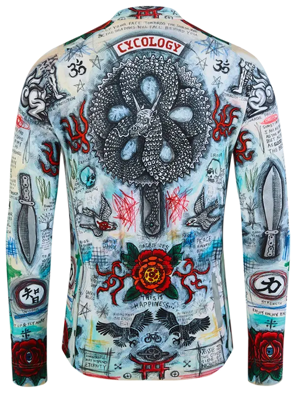 Colorful long-sleeve Winter cycling jersey with various designs and text on a white background