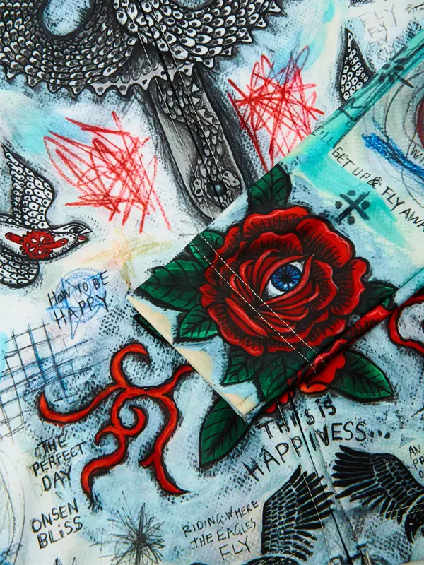 Artistic collage with a red rose, gears, and text on a textured background