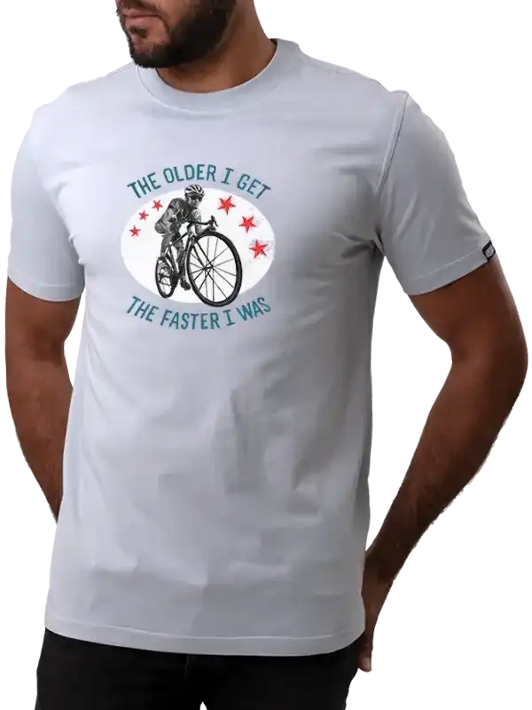 Men's cycling t-shirt with 'The older I get, the faster I was' graphic and cyclist design