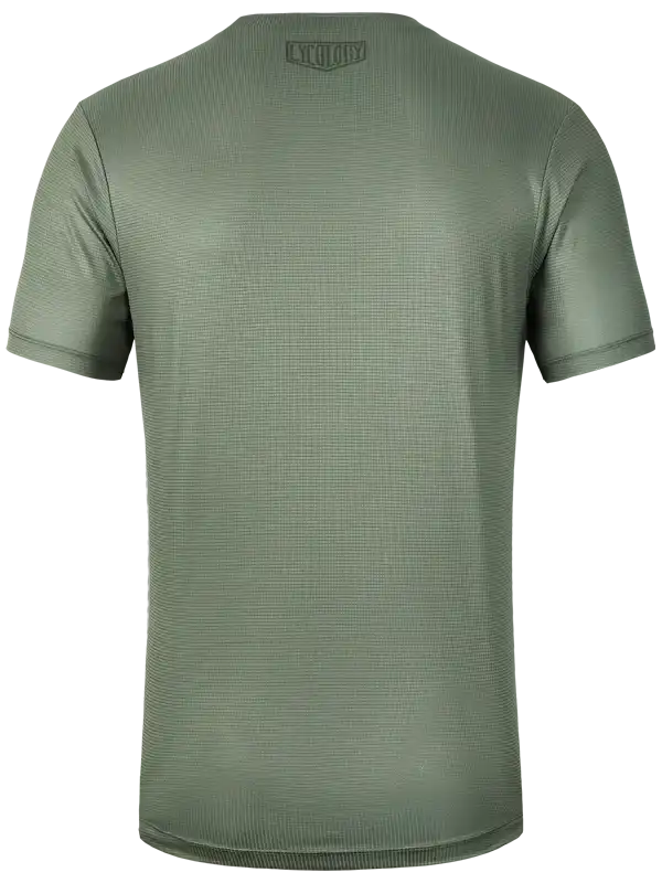 Olive green men's cycling jersey with textured fabric and small back logo, designed for performance and comfort.