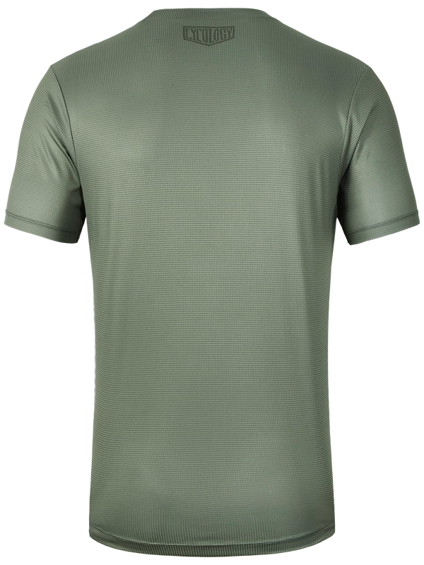 Back view of Men's green athletic t-shirt with 'TRAIN HARD GET LUCKY' text on front