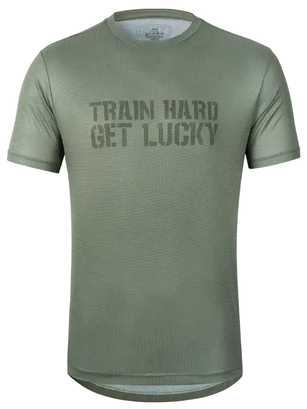 Olive green cycling jersey with 'TRAIN HARD GET LUCKY' text, breathable fabric for men's bike wear