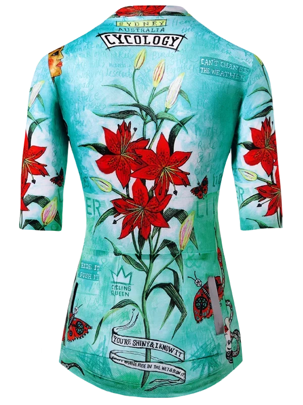Aqua women's cycling jersey with red floral design 
