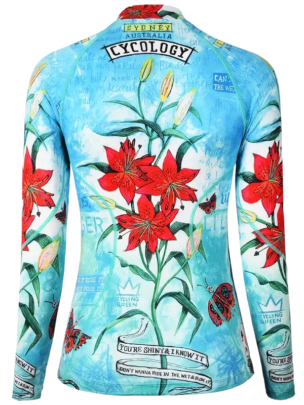 Cycling base layer with floral design and text on aqua background