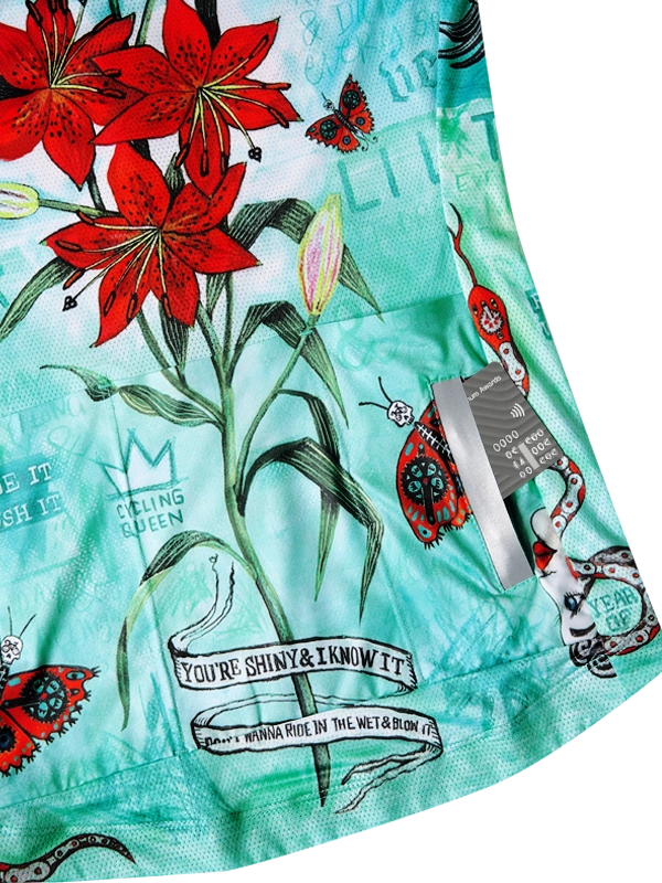 Aqua women's cycling jersey with red floral design 