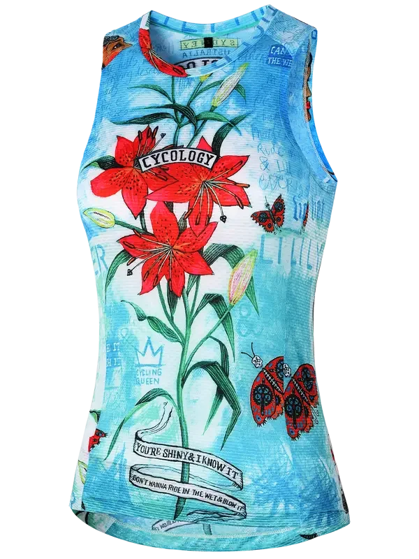 Sleeveless base layer  with floral and butterfly design on a aqua background