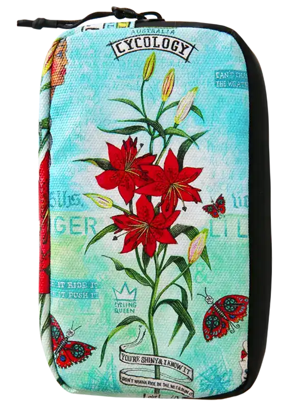 Tiger Lily cycling wallet by Cycology Clothing with red floral and butterfly print.