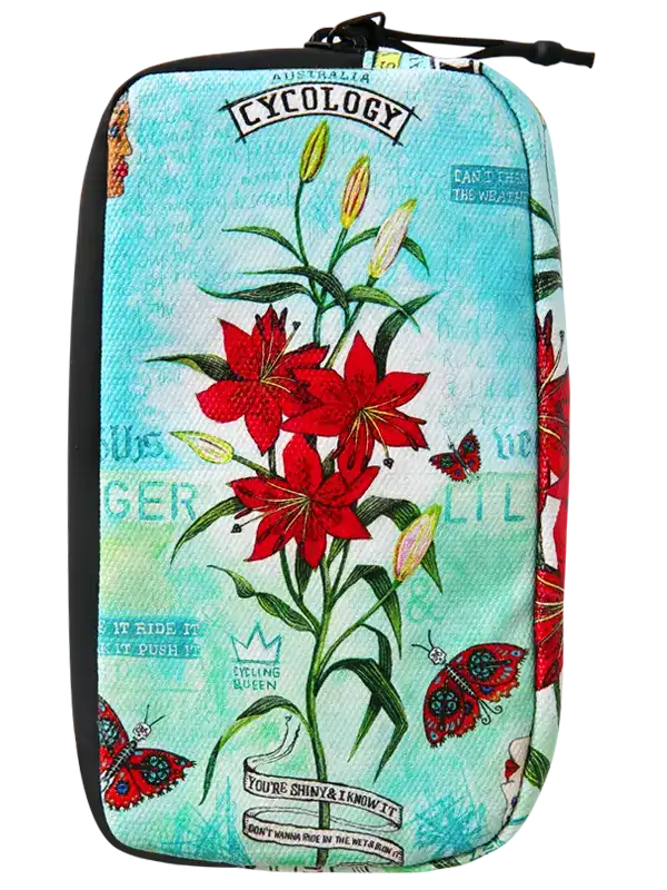 Cycology Tiger Lily cycling wallet featuring red lilies and butterflies on a teal background