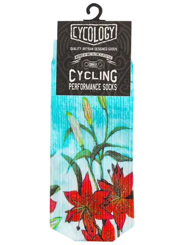 A single crew sock with a light blue background featuring a red lily flower illustration, green stems, and text including 'CYCOLOGY