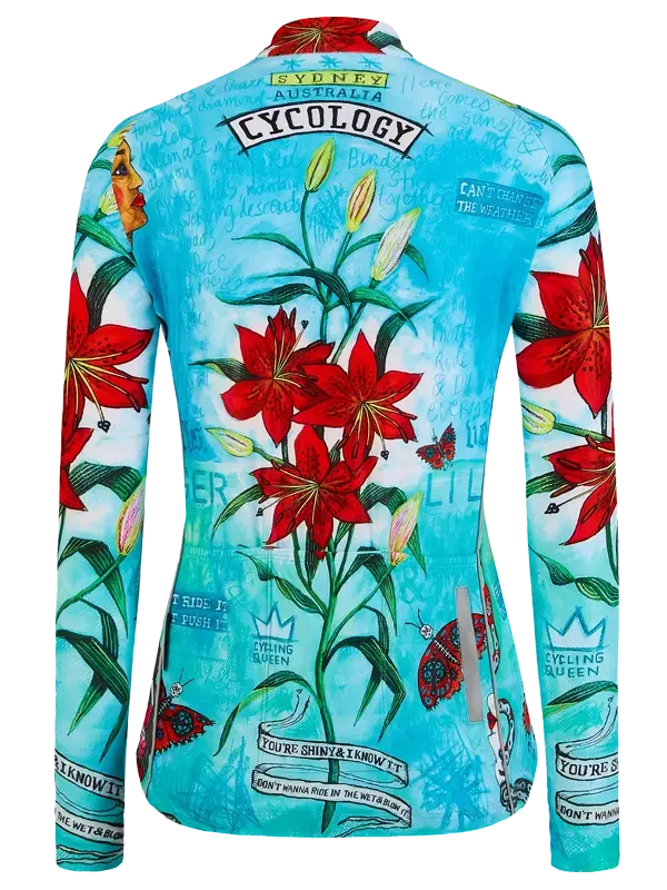 Cycling jersey with red lilies, butterflies, and 'Cycology' branding on turquoise background