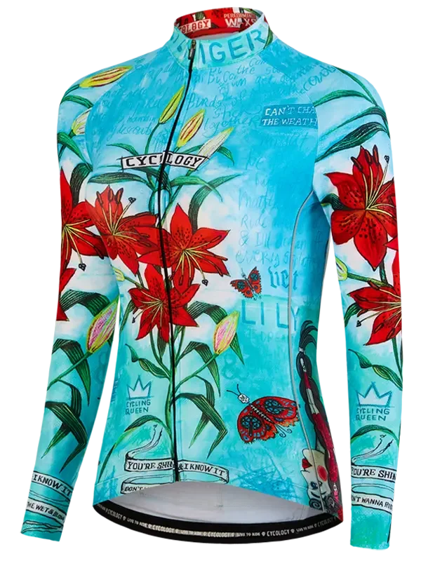 Women's long sleeve cycling jersey with red lily floral print, butterfly details, and 'Cycling Queen' text on turquoise background