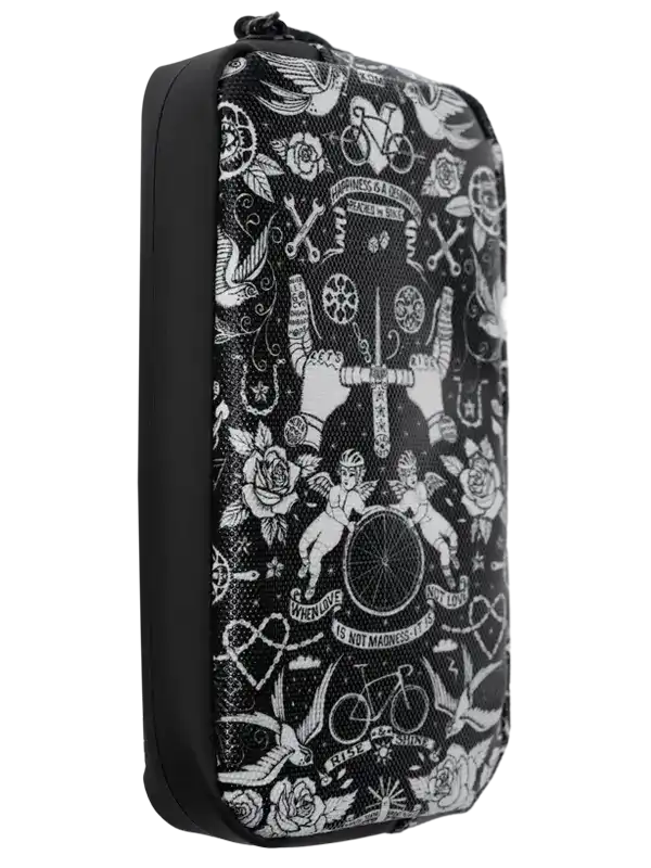 Black cycling tool pouch with white tattoo-style bike and rose print design