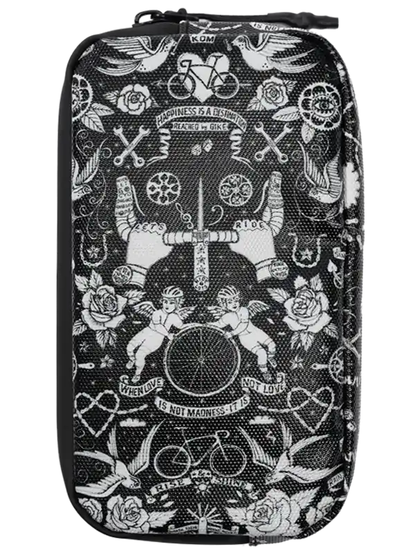 Black cycling accessory pouch with white tattoo-style bike, roses, and angel design