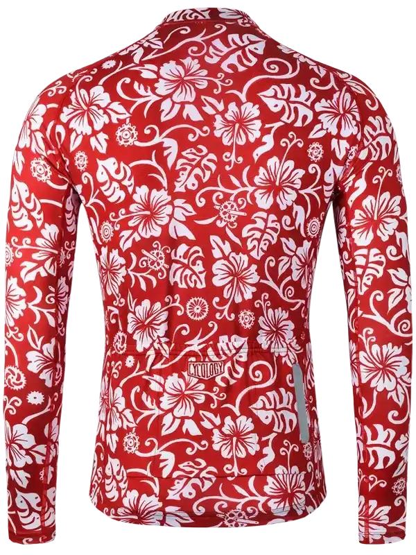 Red and white floral long sleeve cycling jersey with reflective details