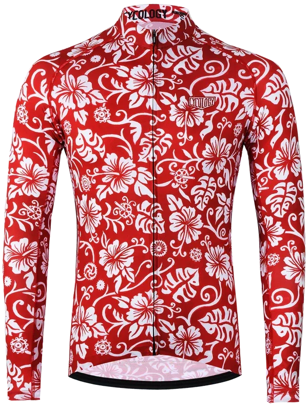 Red and white men's floral patterned long-sleeve cycling jersey with CYCOLOGY branding 