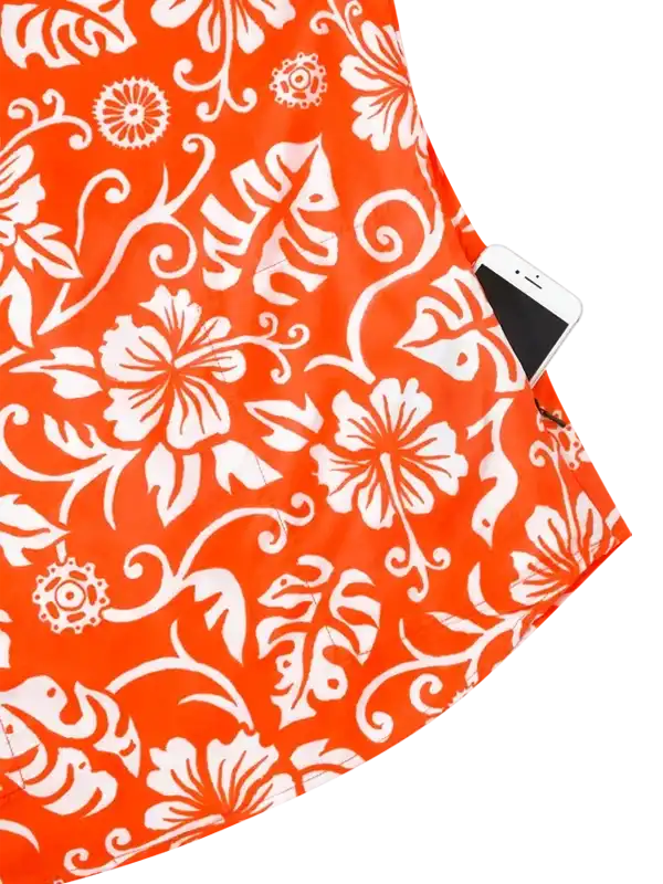 Orange floral cycling jersey with phone pocket, featuring tropical print and functional design for riders.