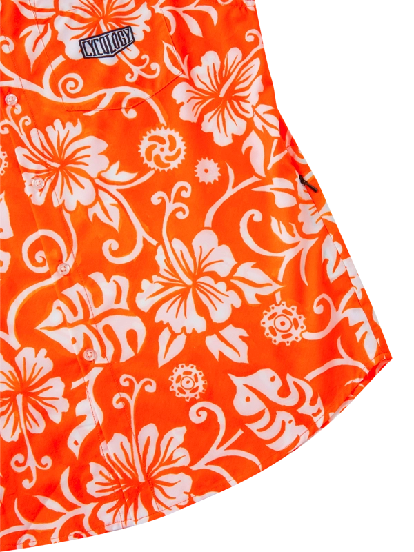 Orange fabric with white floral patterns and a brand logo Cycology