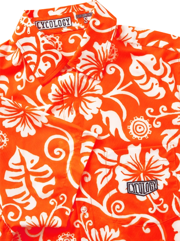 Orange Gravel shirt with white Hawaiian floral pattern 