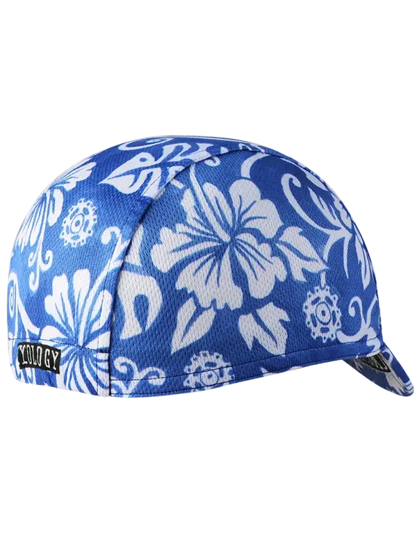 Blue cycling cap with white floral and gear pattern, breathable fabric for road biking