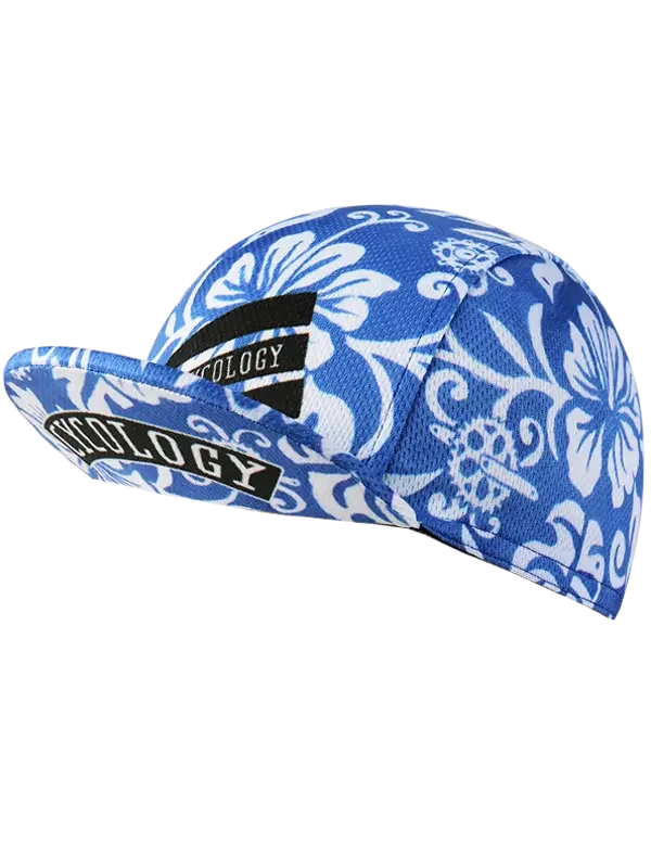Blue and white floral cycling cap with 'CYCOLOGY' branding, designed for men and women riders.