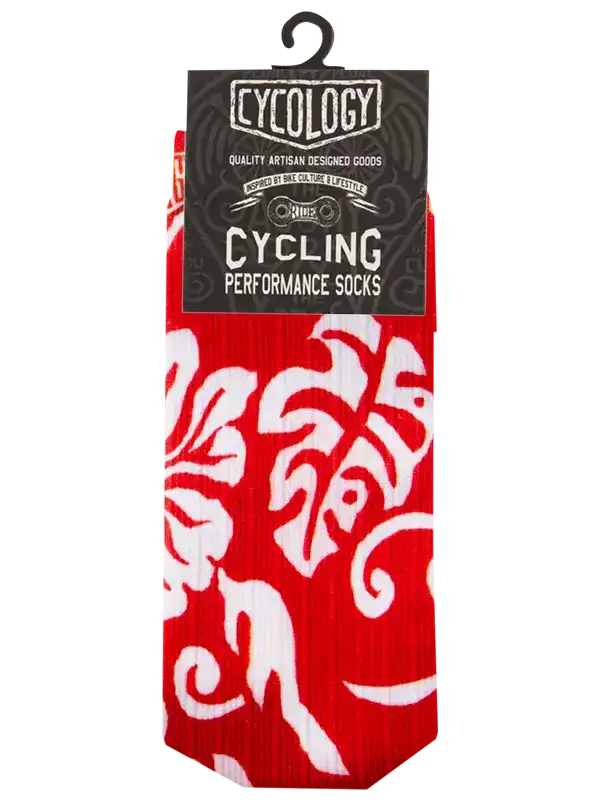 Red and white patterned cycling socks in a black packaging card with a hanger, featuring the brand name 'Cycology'.
