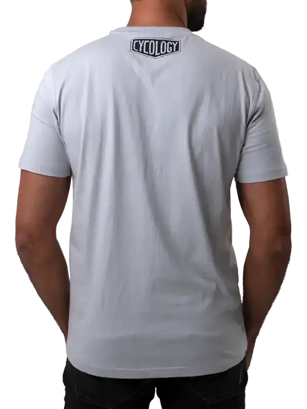 Men's light grey cycling t-shirt with Cycology logo on back, casual fit for active wear